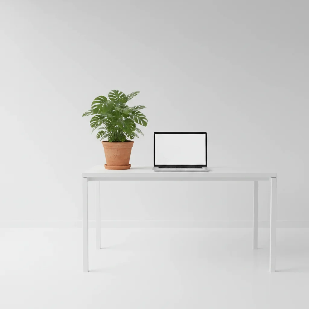 Same desk image with a succulent plant composited in the left corner