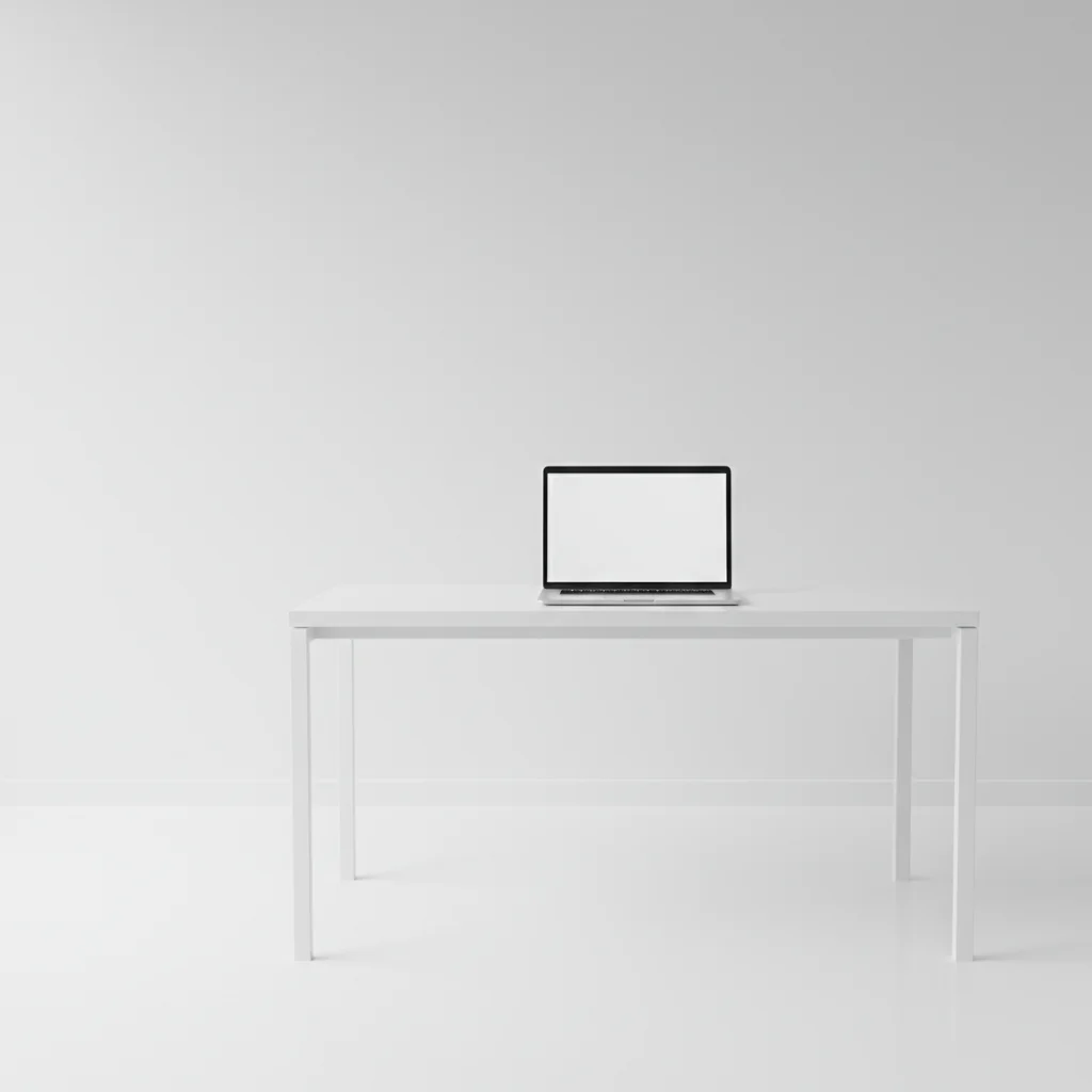 Minimalist white desk with laptop and empty left corner