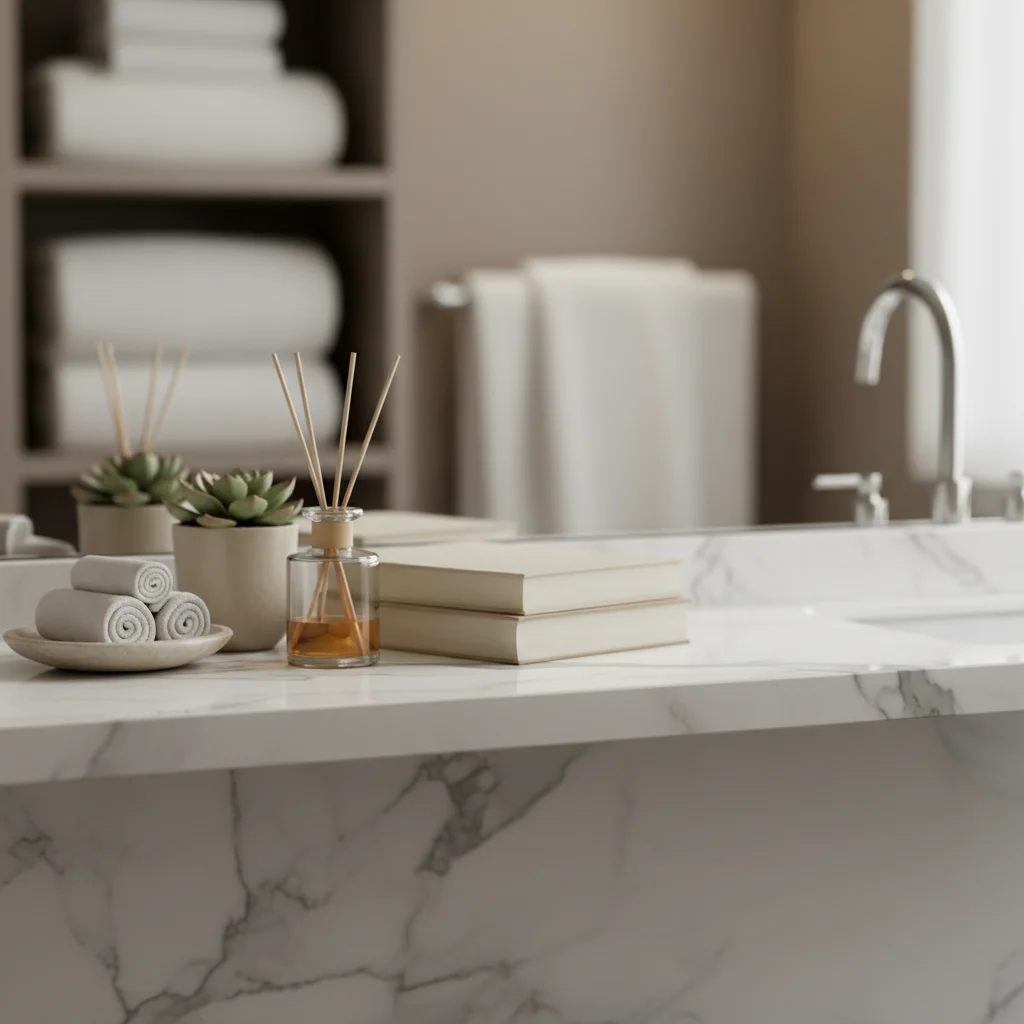 Styled bathroom shelf with empty space on the right