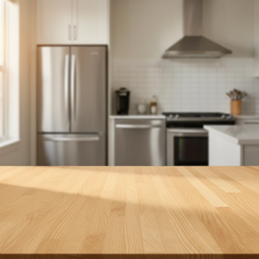 Clean empty kitchen table with warm overhead lighting