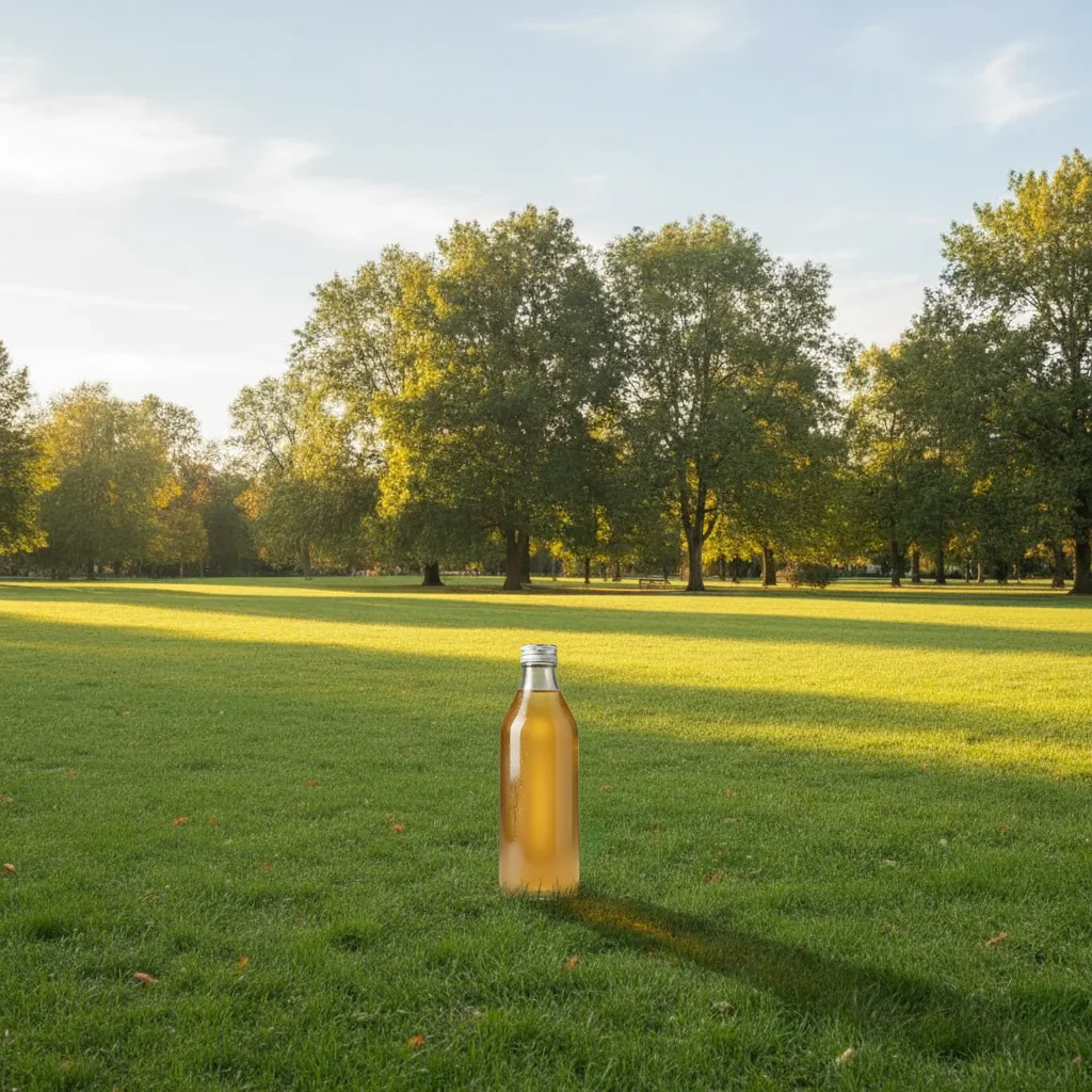 Same park scene with a beverage bottle naturally placed in the grass foreground