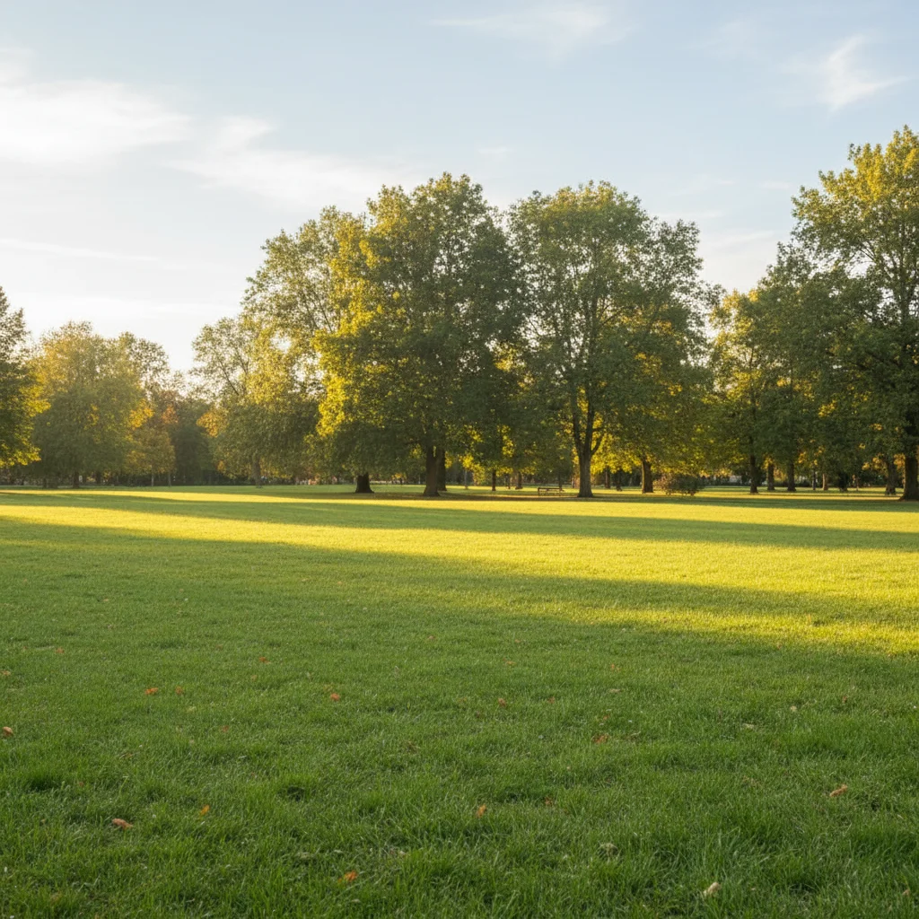 Sunny outdoor park scene with empty grass foreground