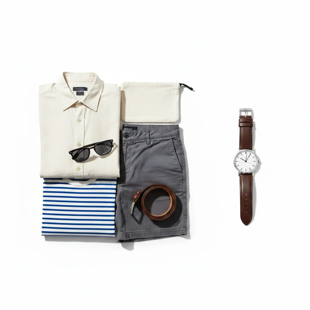 Same flat-lay with a watch naturally added on the right side