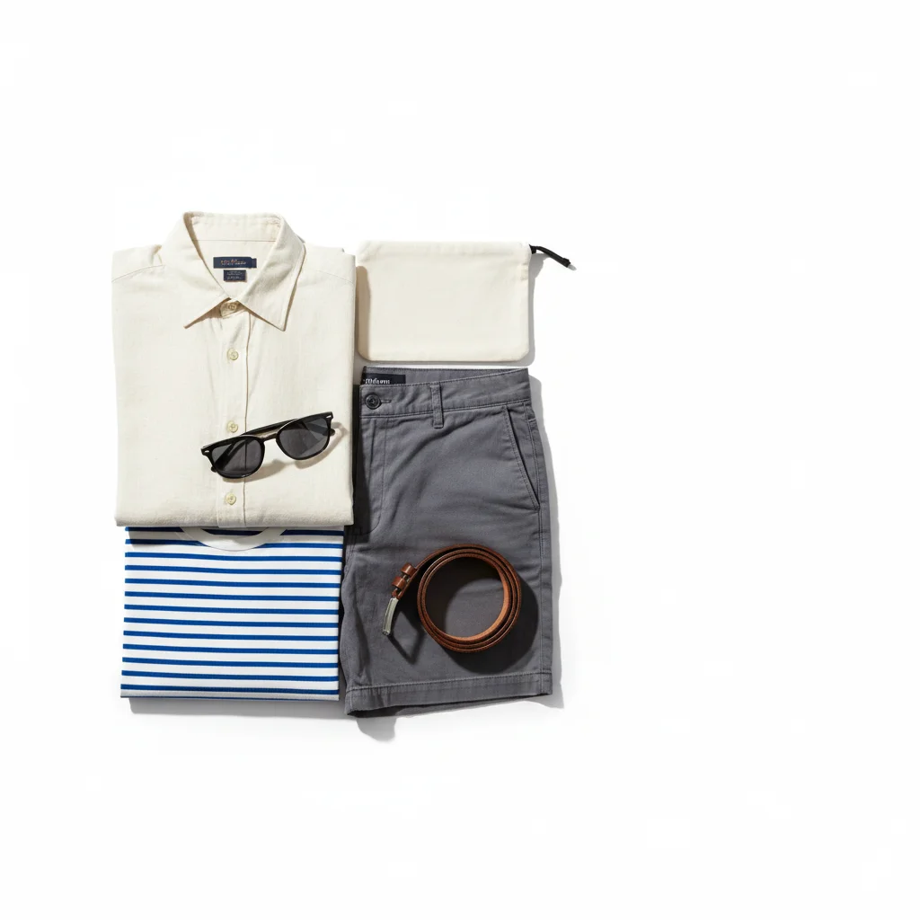 Overhead flat-lay of clothing items with empty space on the right