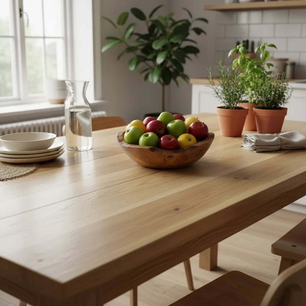 Same table with a bowl of apples naturally added to the center