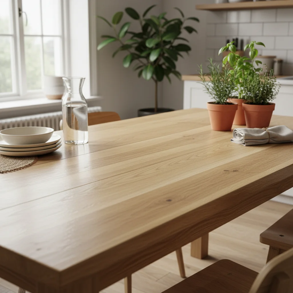 Kitchen table with empty center and natural window lighting