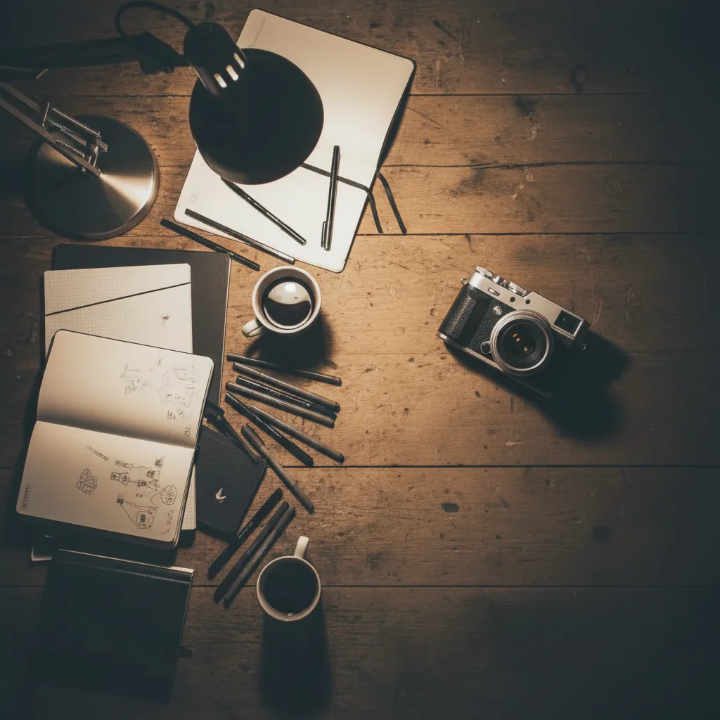 Same desk with a vintage camera naturally placed on the right