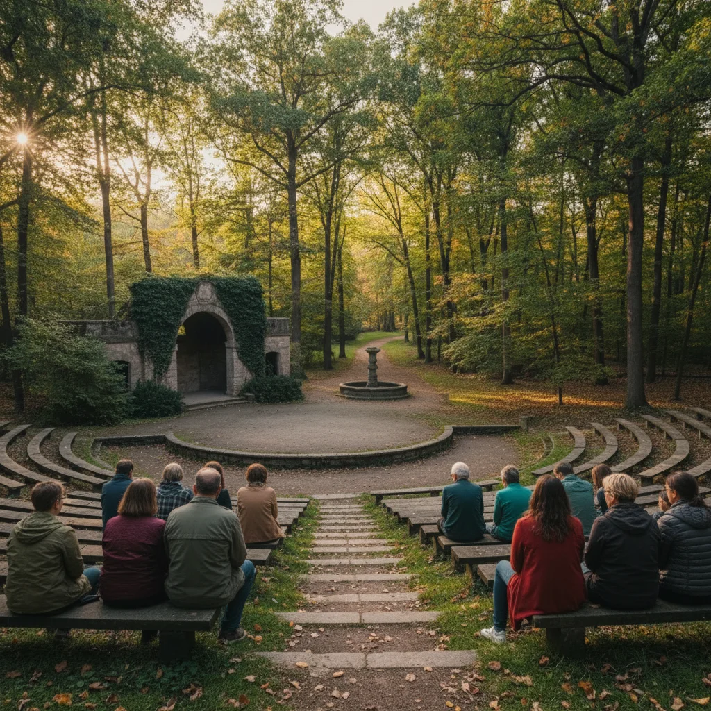 Same park with people walking and sitting on benches
