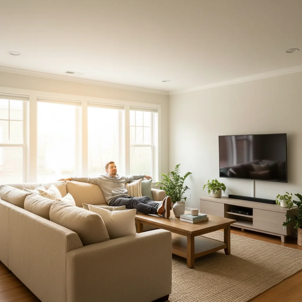 Living room with AI-added stranger sitting on couch