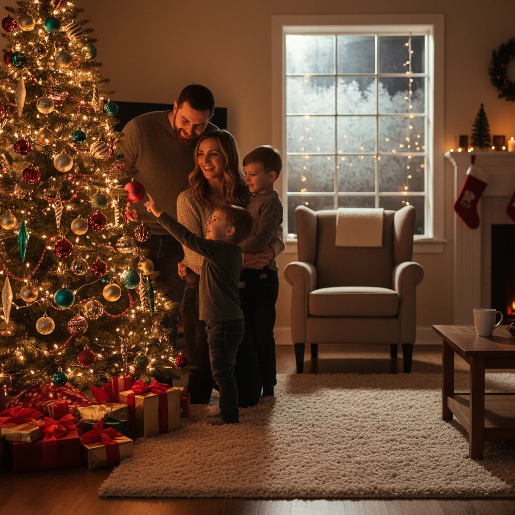 Holiday family photo with space on the right for an additional person