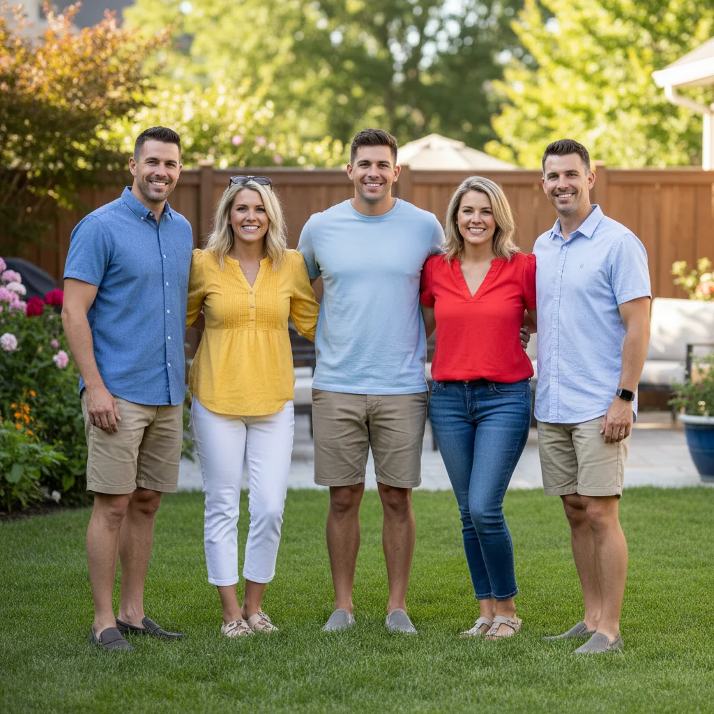 Outdoor family reunion with a gap at the right end of the group