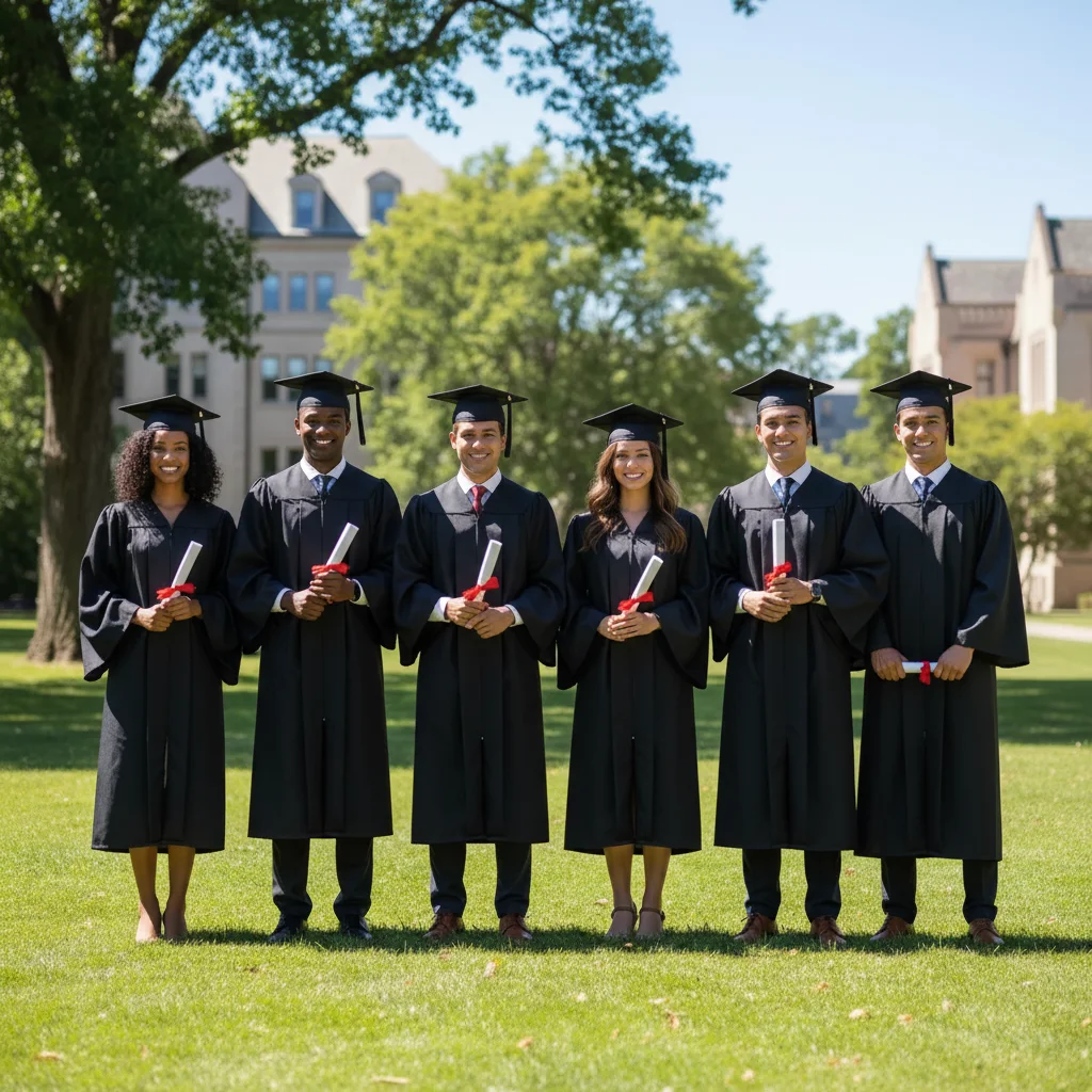 Complete graduate group with friend added in cap and gown