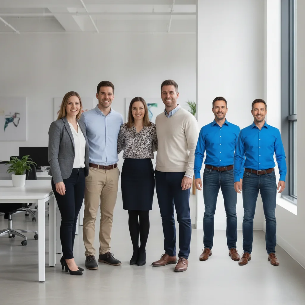 Complete group of five coworkers, with the man now added at the right end