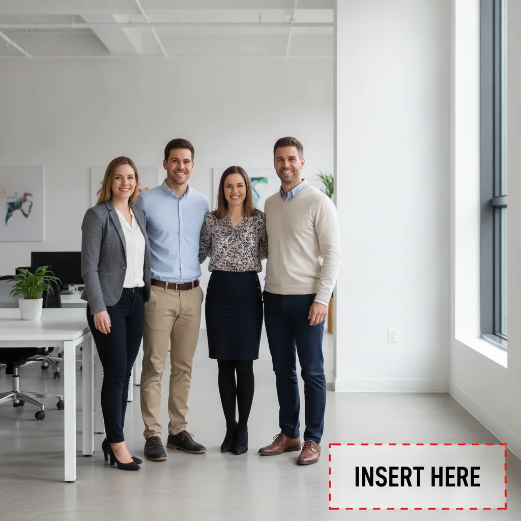 Four coworkers in an office with open space at the right, and a man in a blue shirt alone