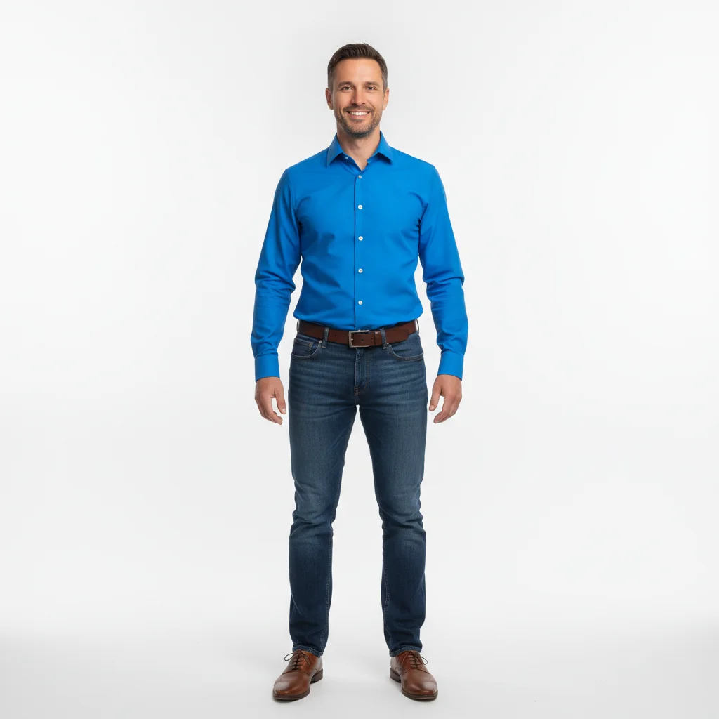 Man in a bright blue shirt to be added to the group