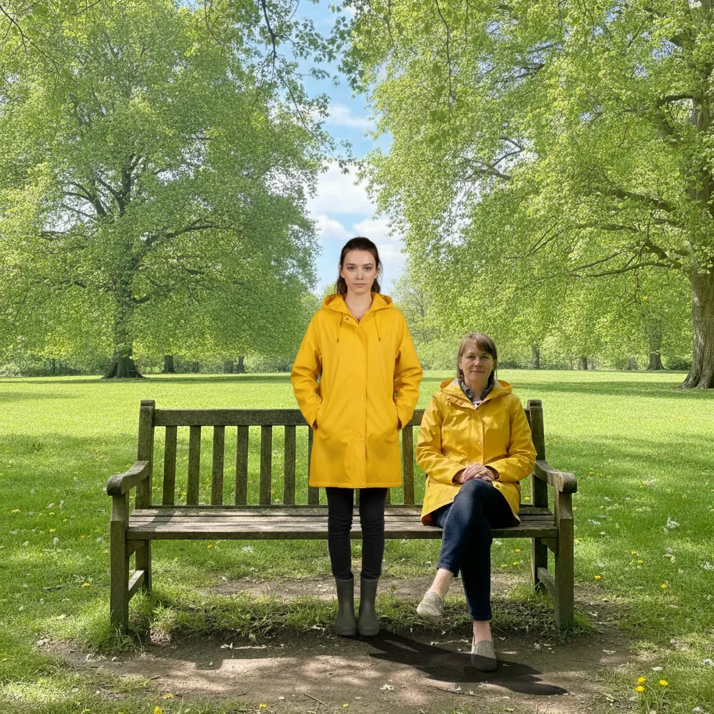 Same park scene with the woman now standing naturally near the bench, shadow included