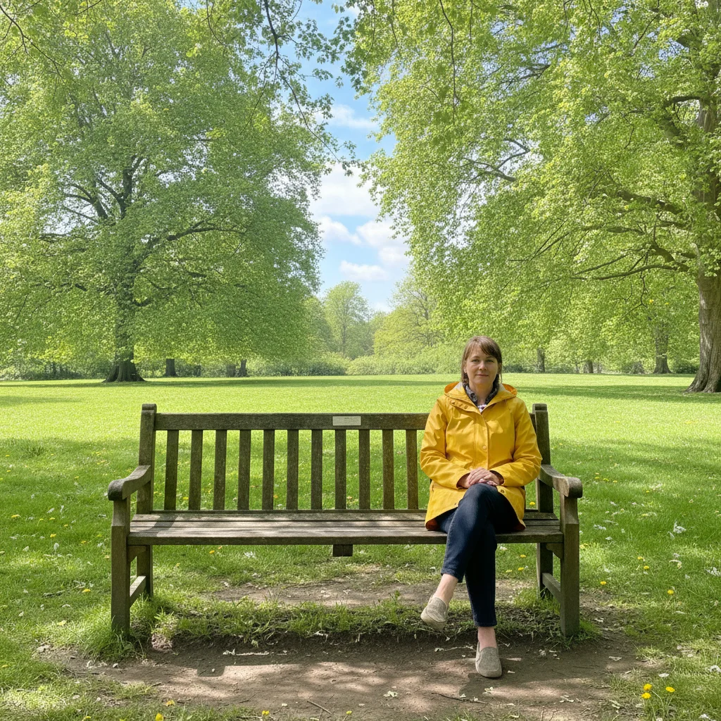 Empty park bench in sunlight, and a woman in a yellow raincoat alone against a plain background