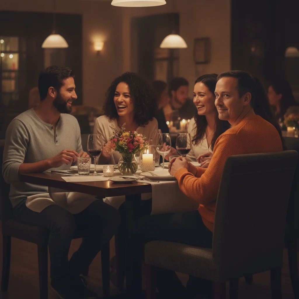 Complete table of four, with the man now seated in the previously empty chair