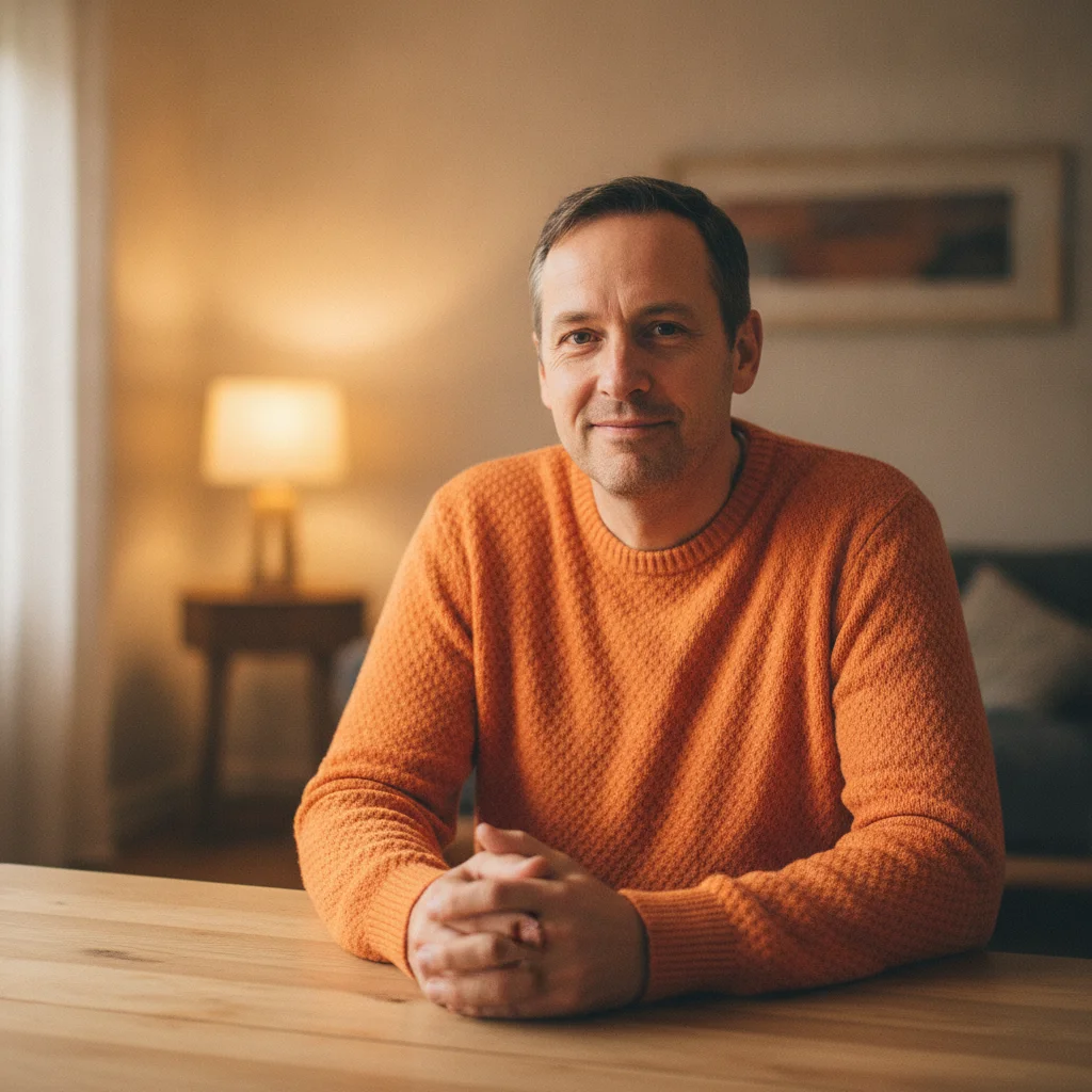 Man in a bright orange sweater to be added to the empty chair