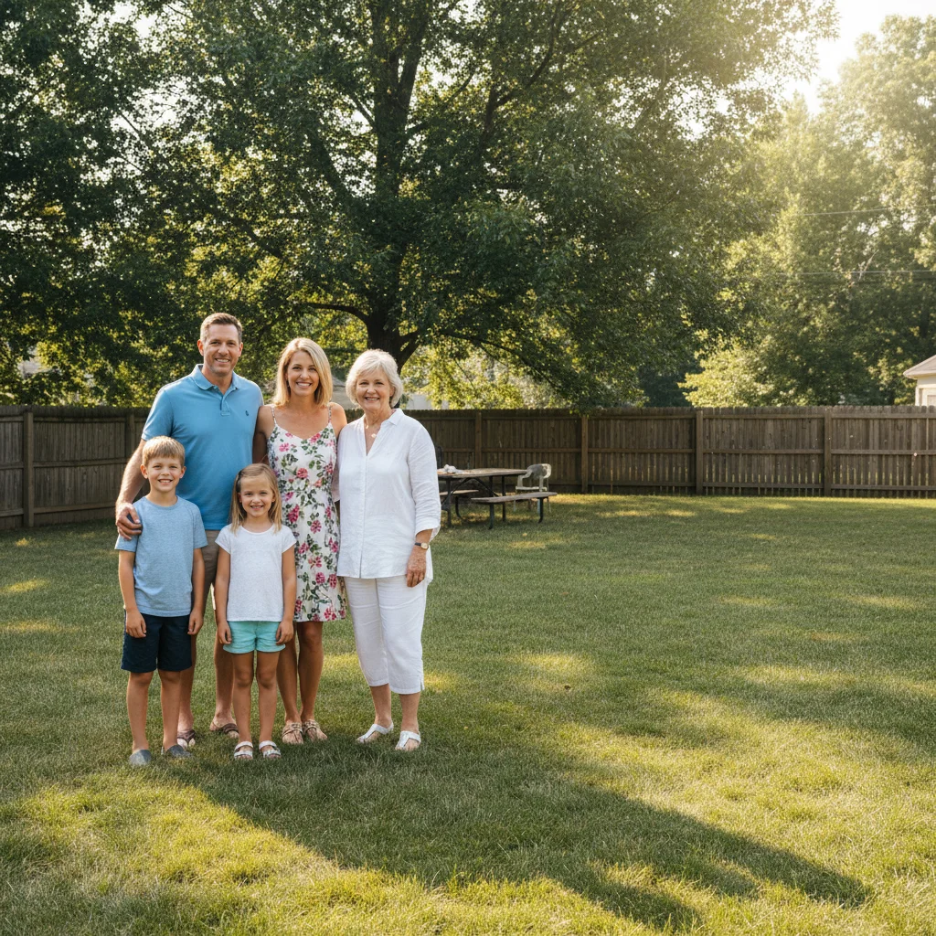 Outdoor family reunion picture with gap at right end of lineup