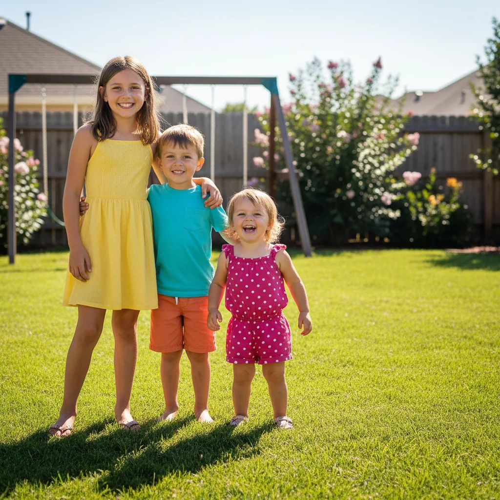 Three siblings outdoors with a gap at the right for a fourth