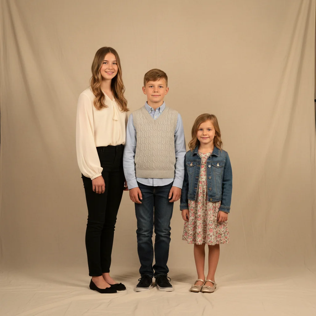 Three older siblings portrait with space in front for youngest