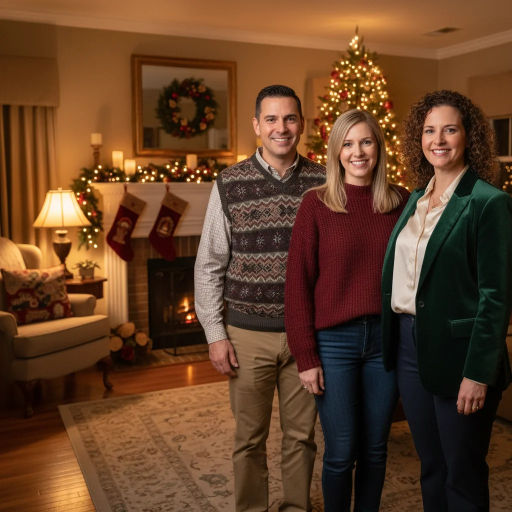 Three adult siblings at a holiday gathering with space on the left
