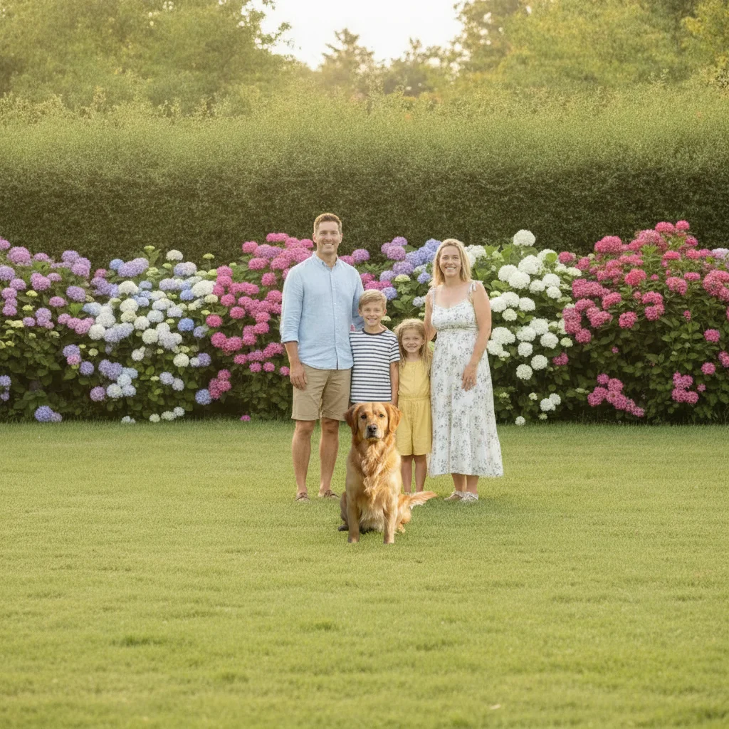 Family photo with the golden retriever now sitting in front of the group