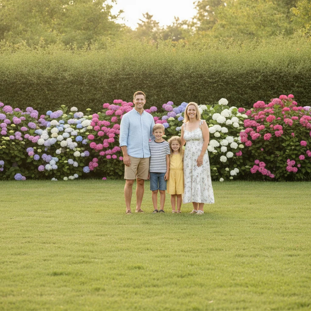 Family of four standing on a lawn with open space in front, and a golden retriever alone on grass