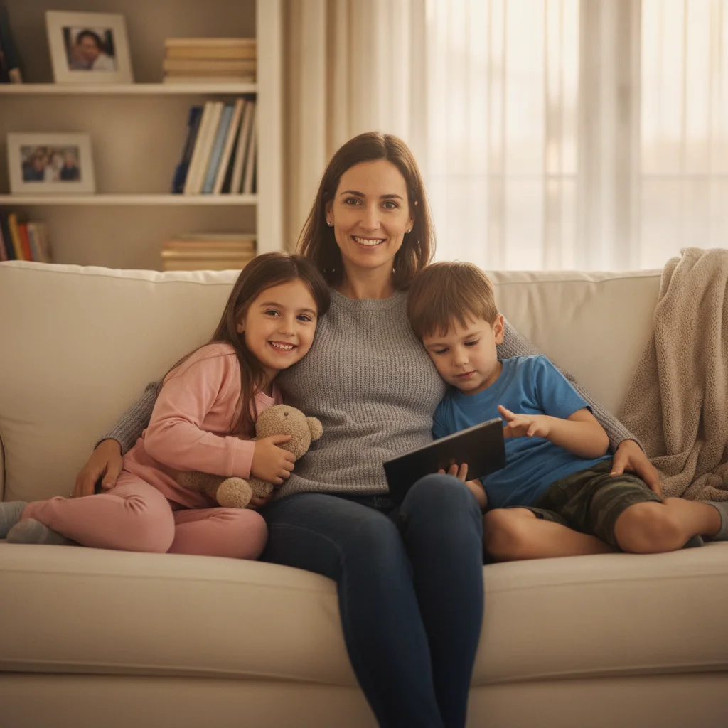 Woman and two children on a couch with open space on her lap, and an orange tabby cat curled up alone