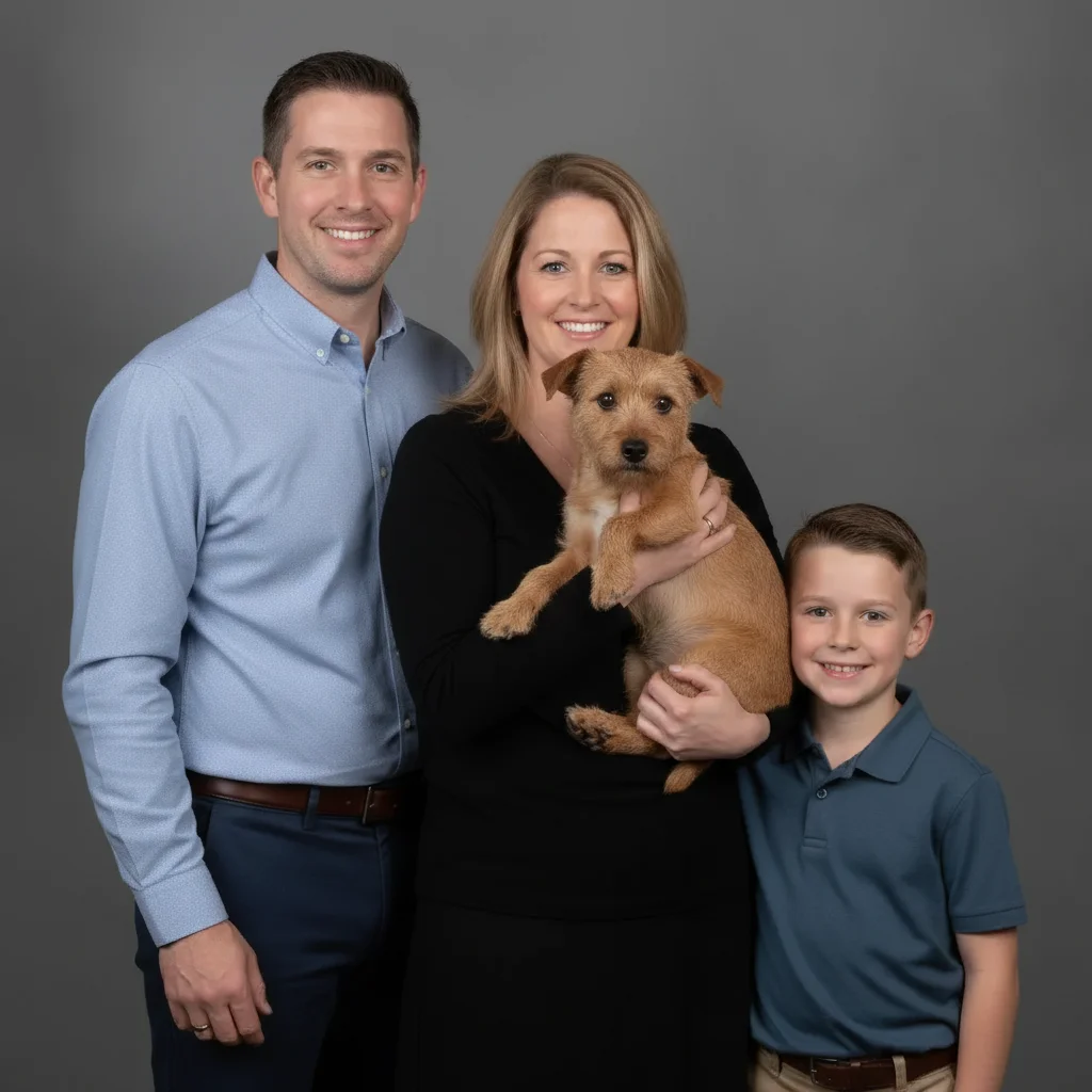 Formal family portrait with the small terrier now held in the woman's arms