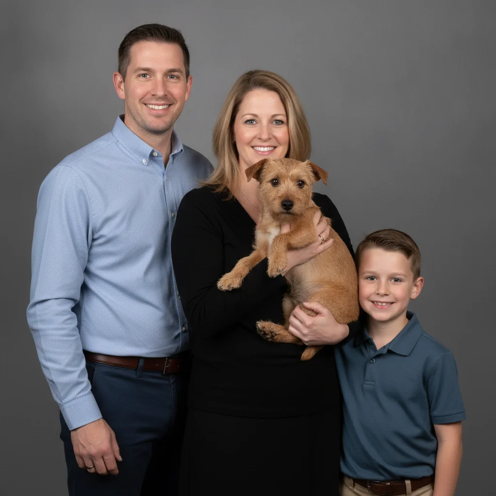 Family of three posed formally with the woman's arms positioned as if holding something, and a small terrier alone