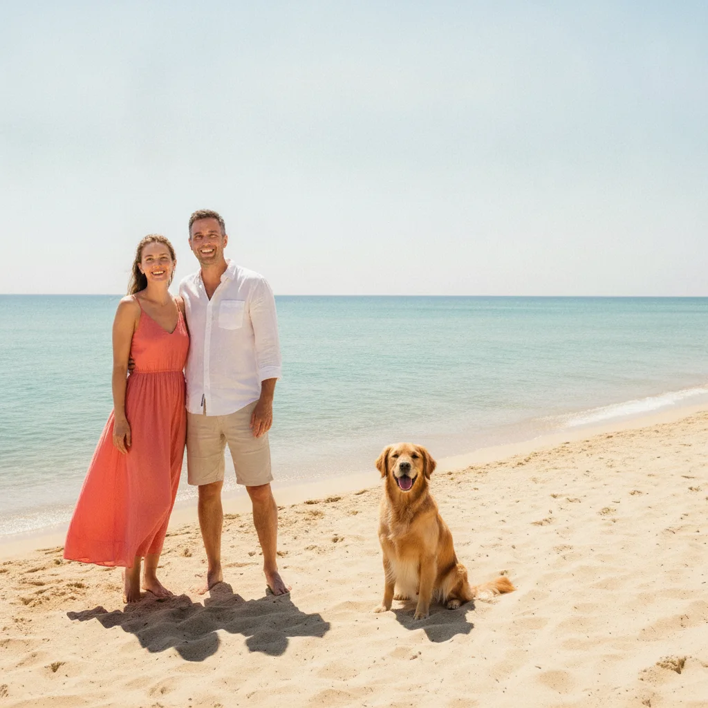 Beach scene with golden retriever added naturally