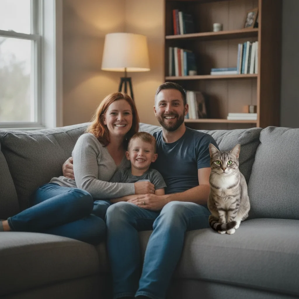 Family portrait with cat added on couch