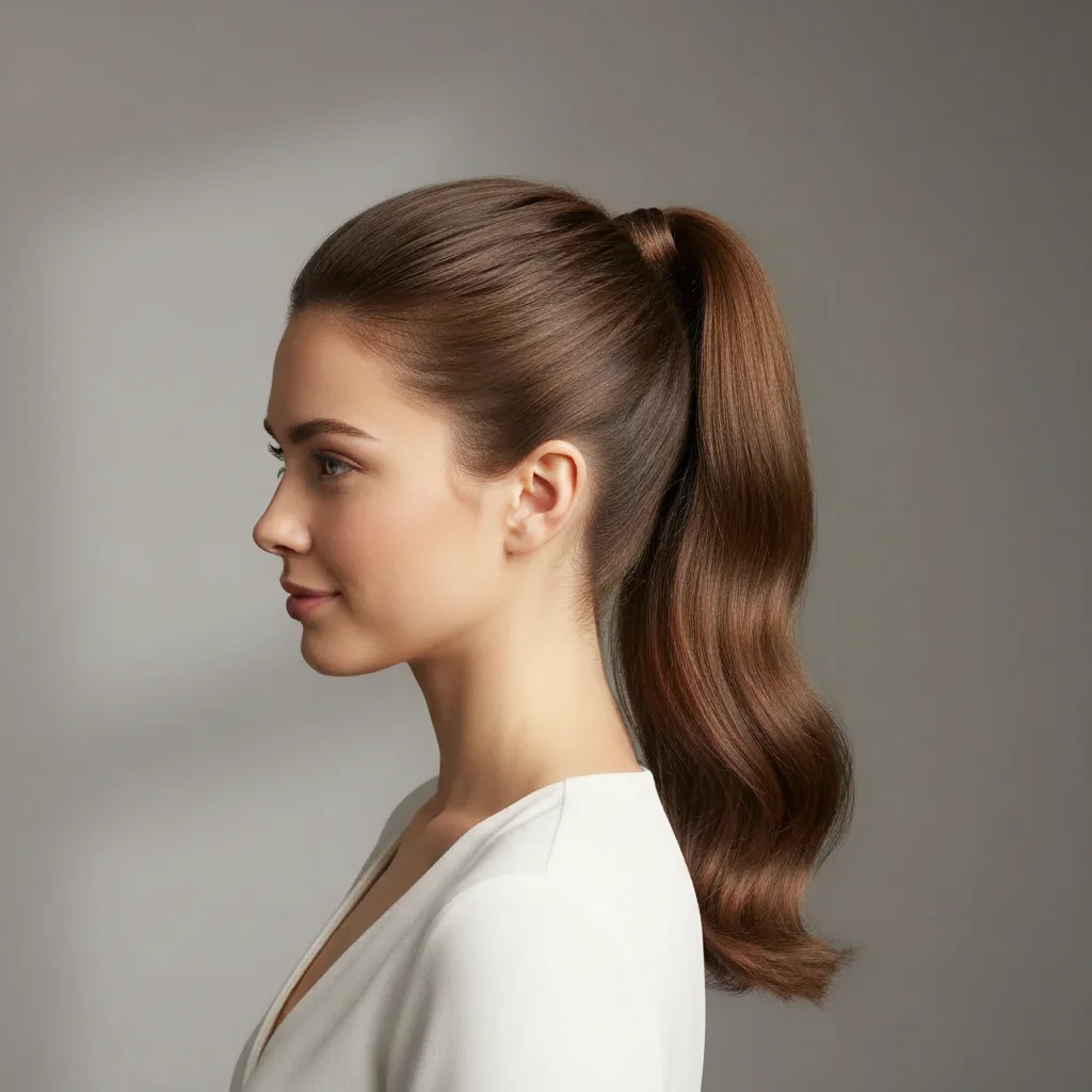 Same woman with sleek high ponytail added
