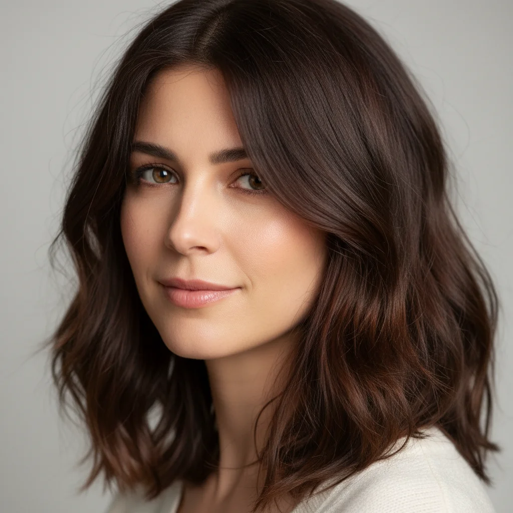 Woman with shoulder-length dark brown hair down