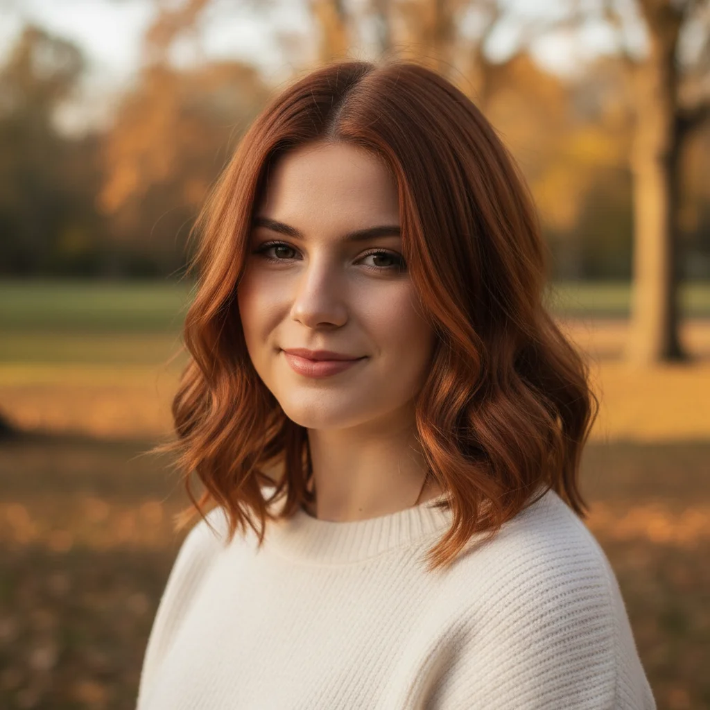 Woman with auburn hair down in casual portrait