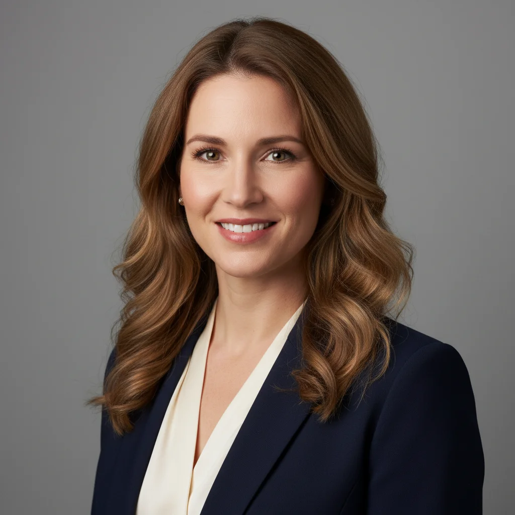 Professional headshot with light brown hair down