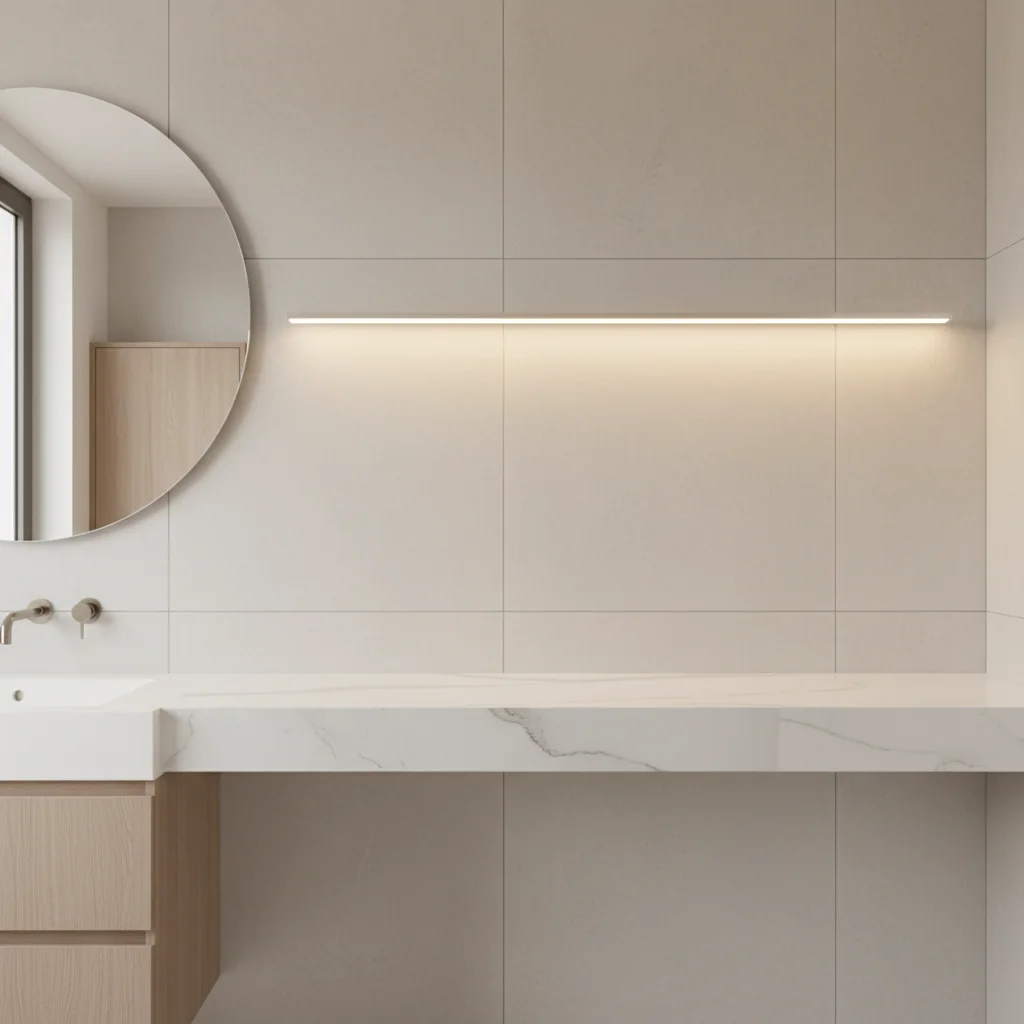 Empty marble bathroom shelf under warm vanity lighting