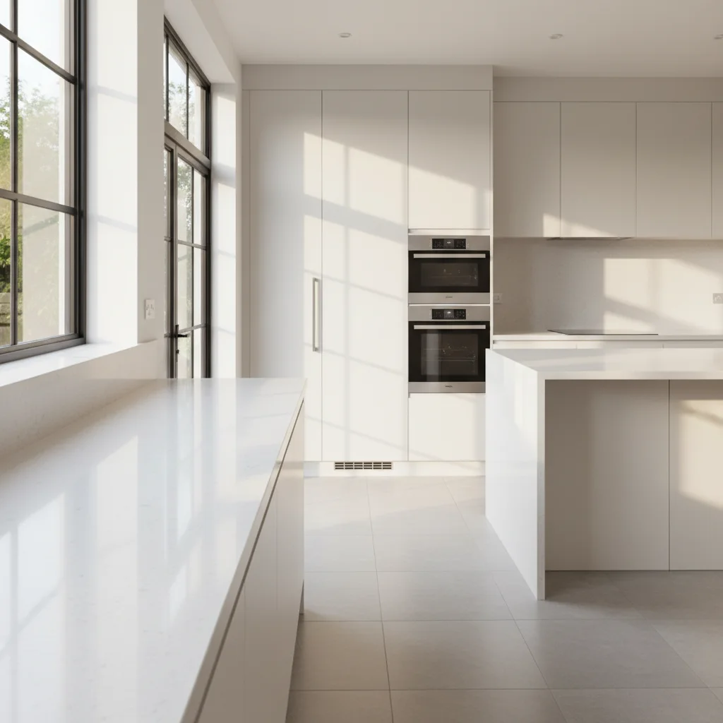 Bright kitchen counter with natural window light and empty surface