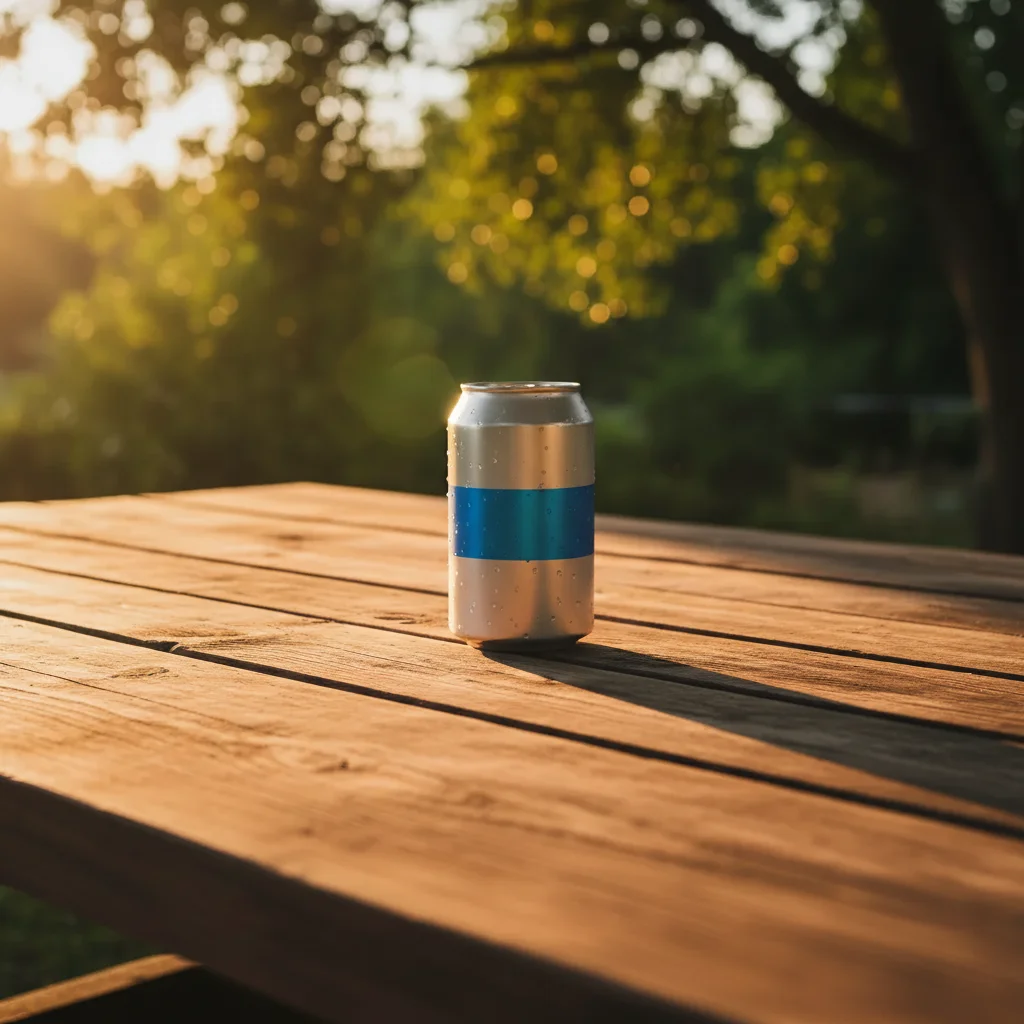 Same table with a beverage can naturally placed in the golden hour scene