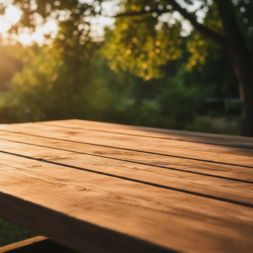 Rustic outdoor table in golden hour light with empty surface