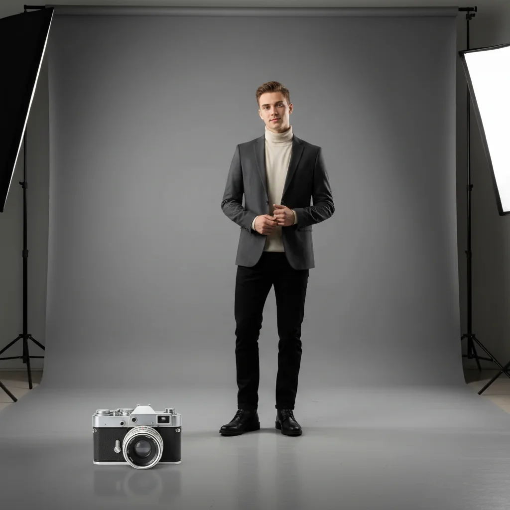 Same portrait with a vintage camera naturally placed on the studio floor