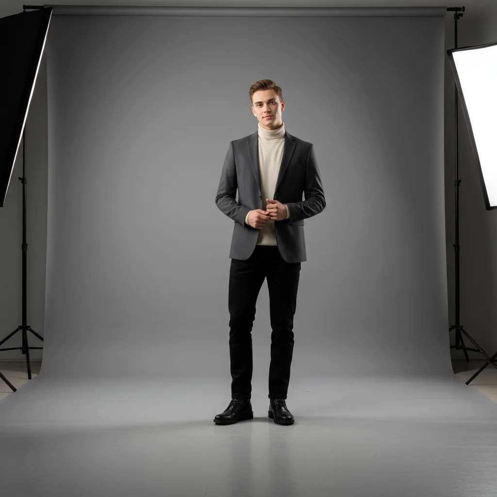 Studio portrait with empty floor in the lower left foreground