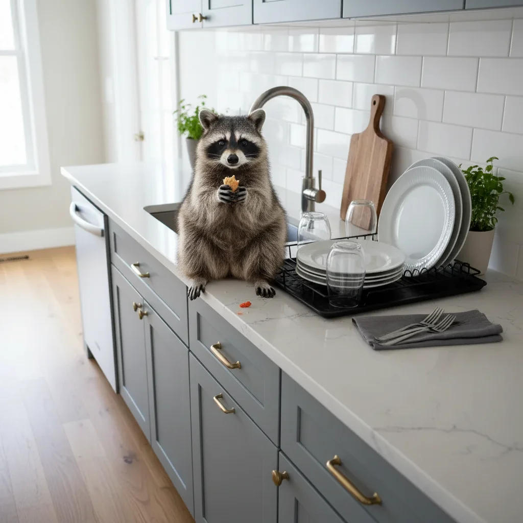 Kitchen counter with realistic AI-generated raccoon