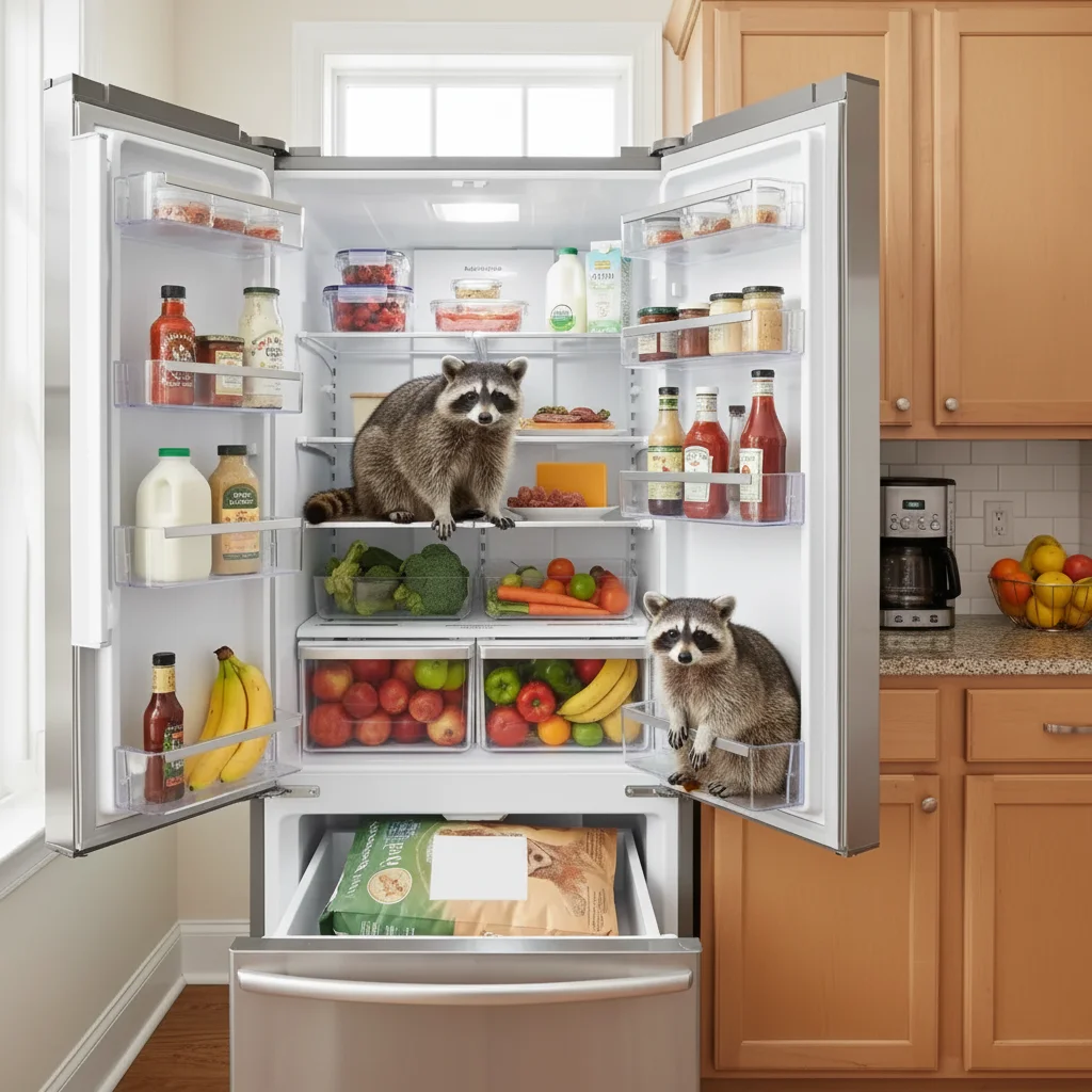 Fridge with AI-generated raccoon sitting inside