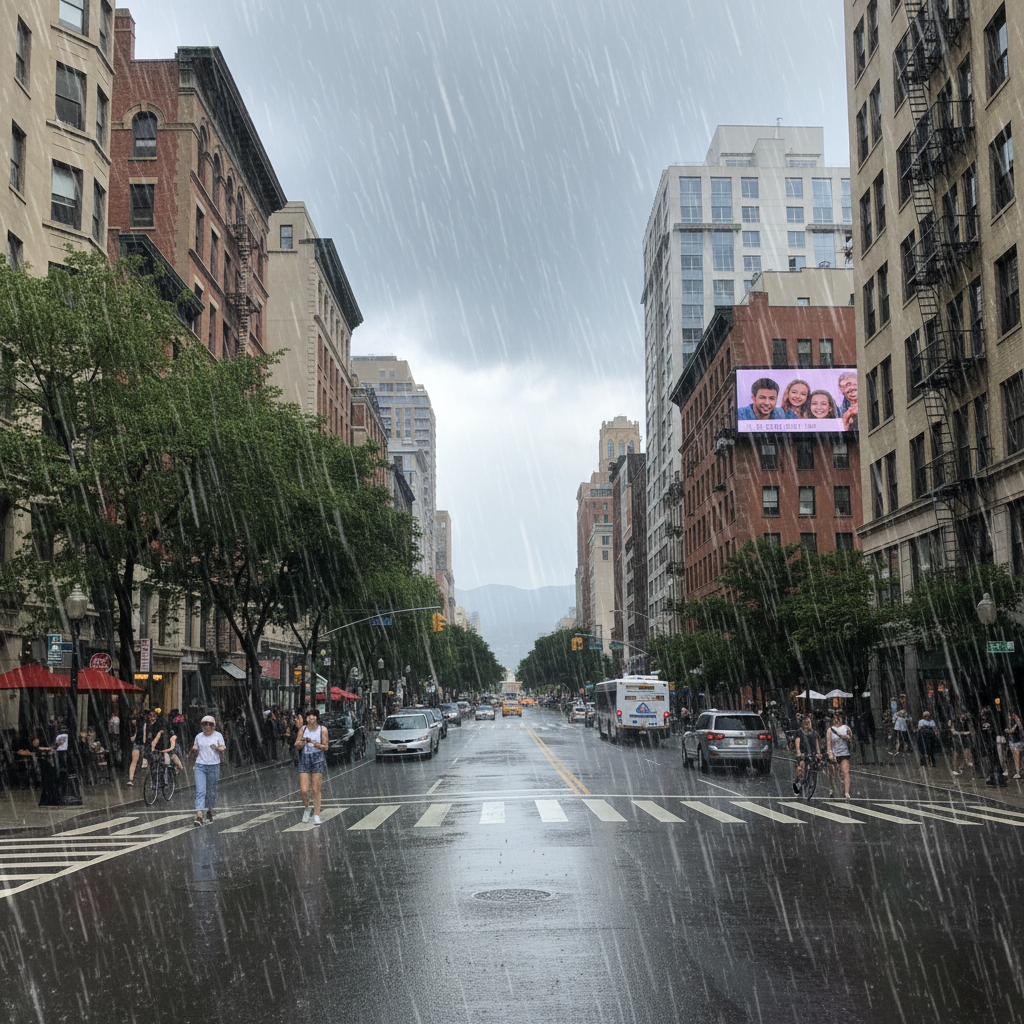 Same street transformed with heavy rain, diagonal streaks, blue-gray color cast, and wet pavement reflecting storefront lights