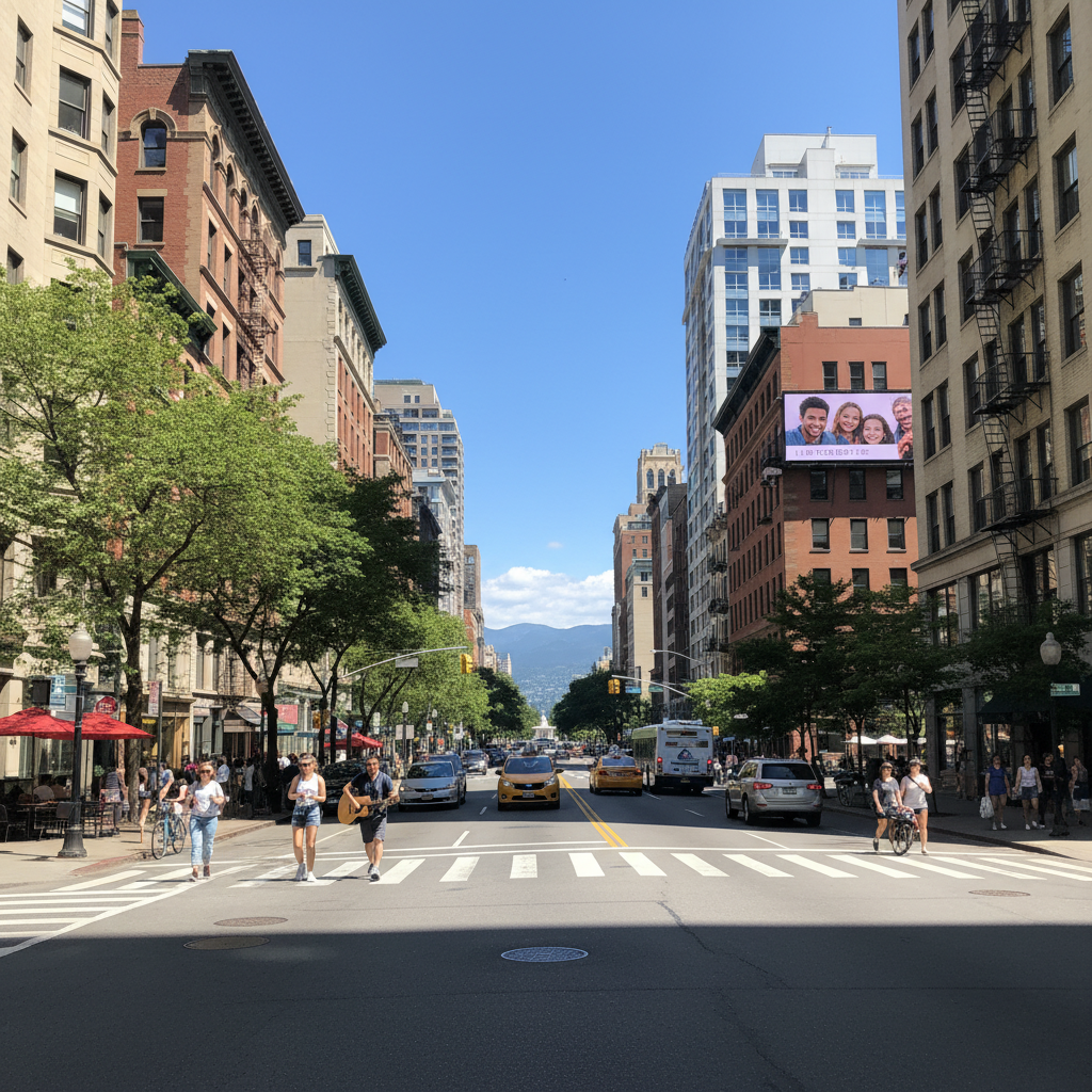 Busy city street on a sunny midday with dry pavement and pedestrians in summer clothing