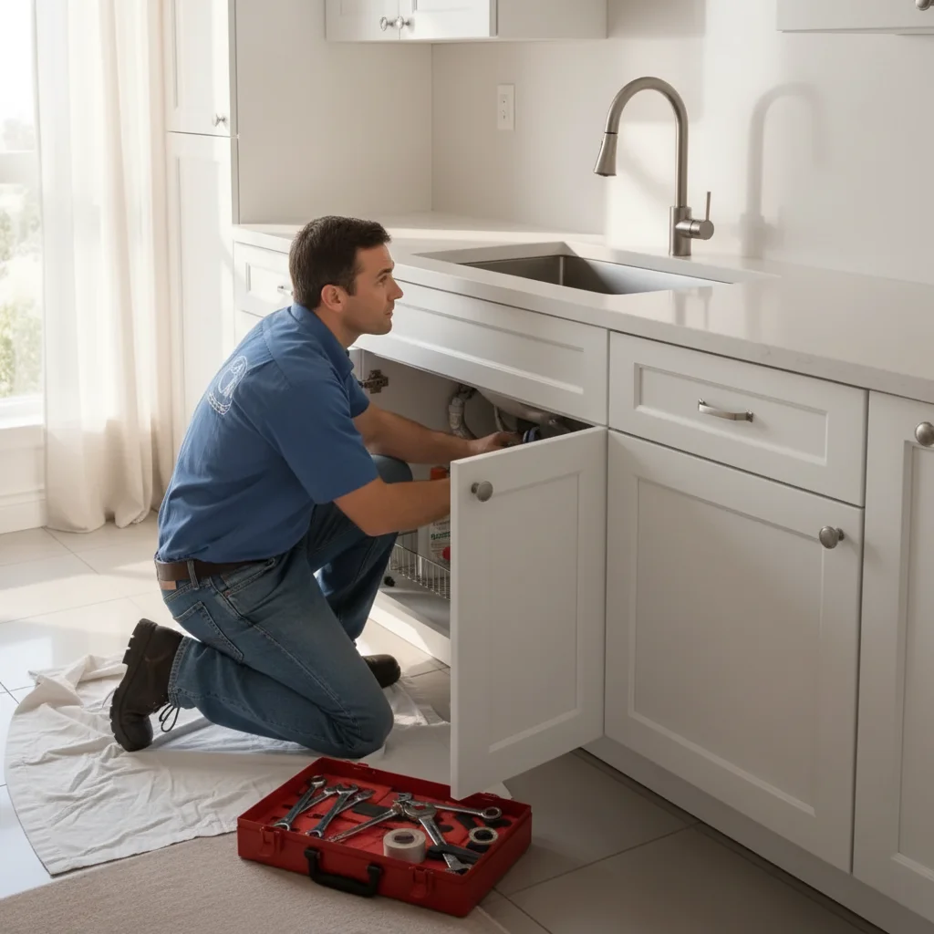 Kitchen with AI-added plumber at sink