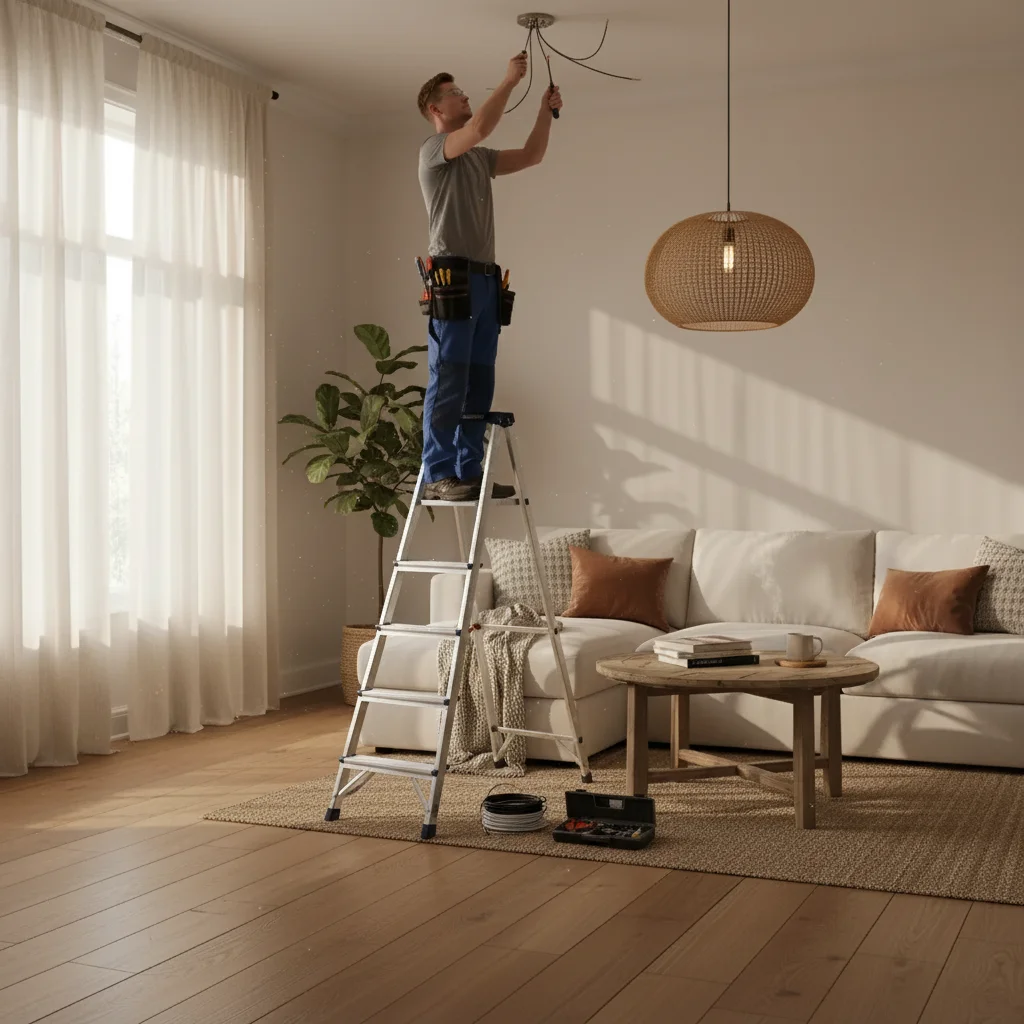 Living room with AI-added electrician on ladder